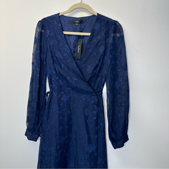 Lulus Evening of Elegance Navy Blue Floral Jacquard Wrap Midi Dress - Picture 9 of 14